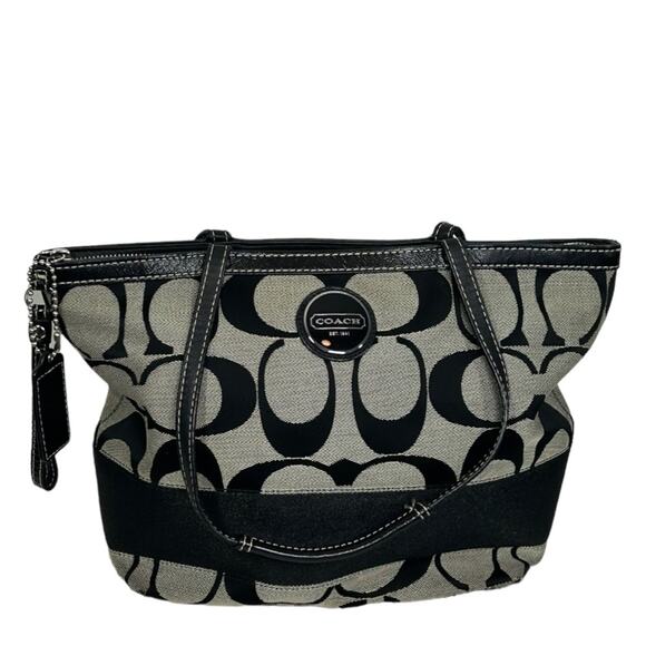 Coach Vintage Signature Canvas Stripe Large Tote Black & Khaki - Picture 10 of 12